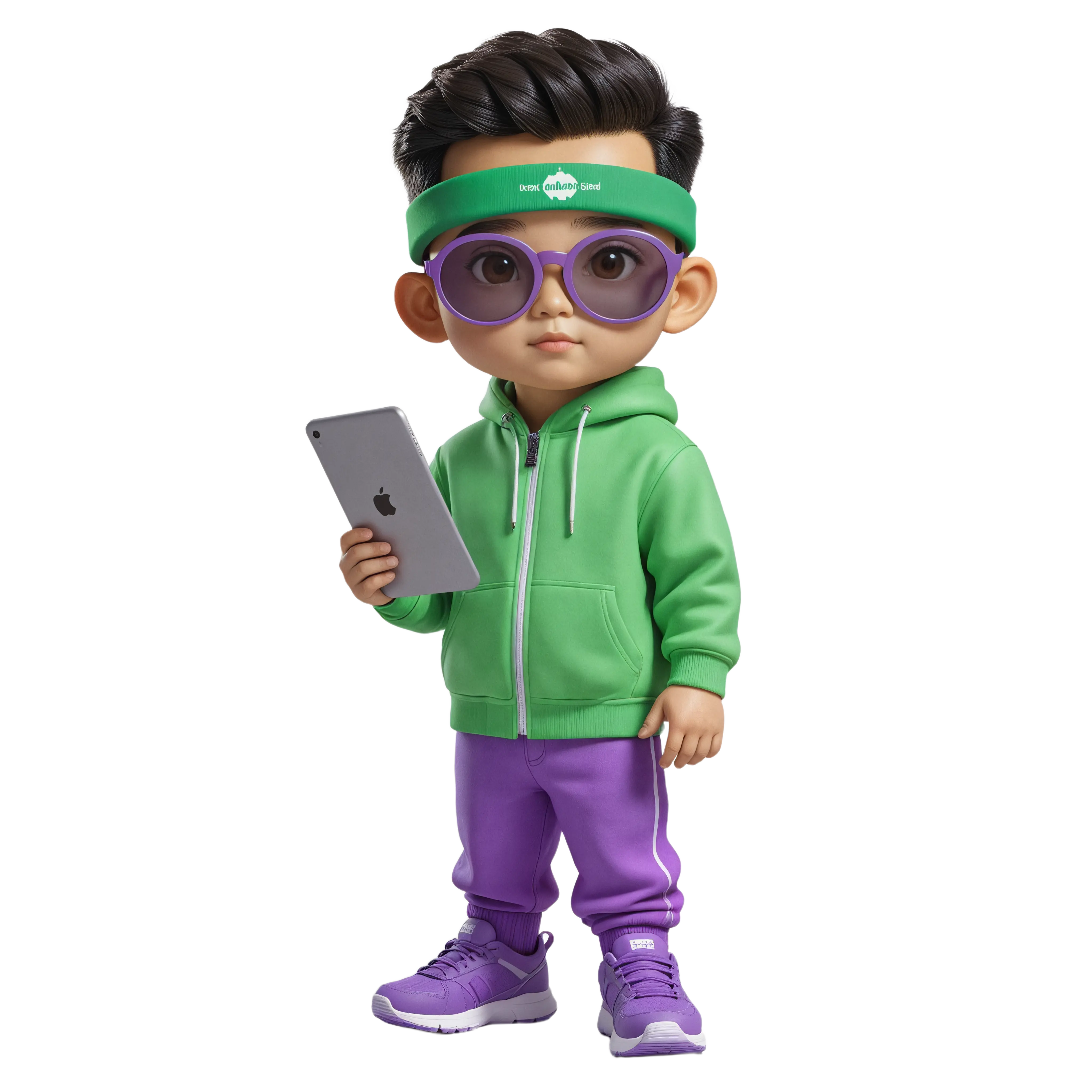 Lee character from Week van het Geld 2025 campaign wearing green hoodie and purple glasses, holding a tablet
